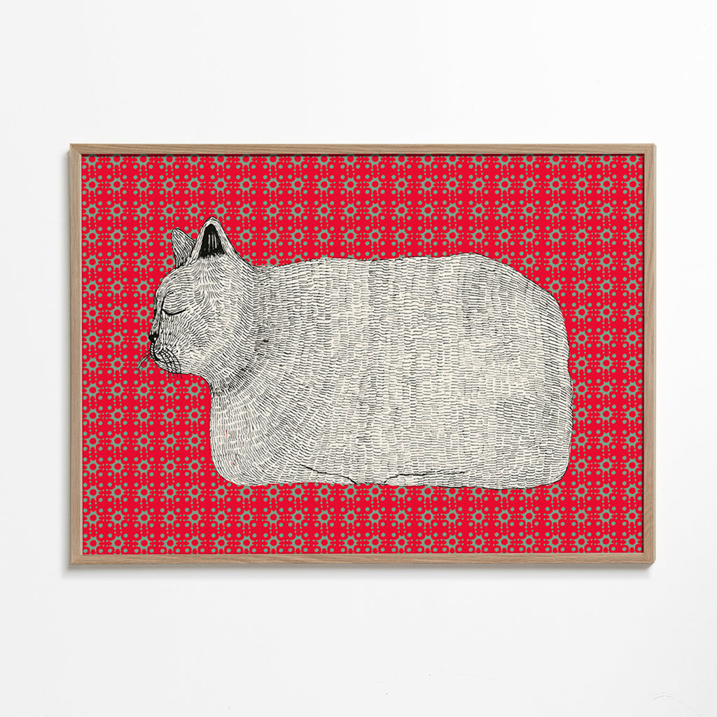 Cuadro gato en perfil sobre patrón rojo – Oak Frame