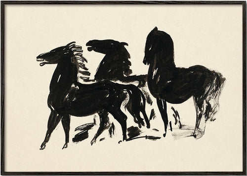 Cuadro tres caballos: dibujo en tinta gestual – Black Frame