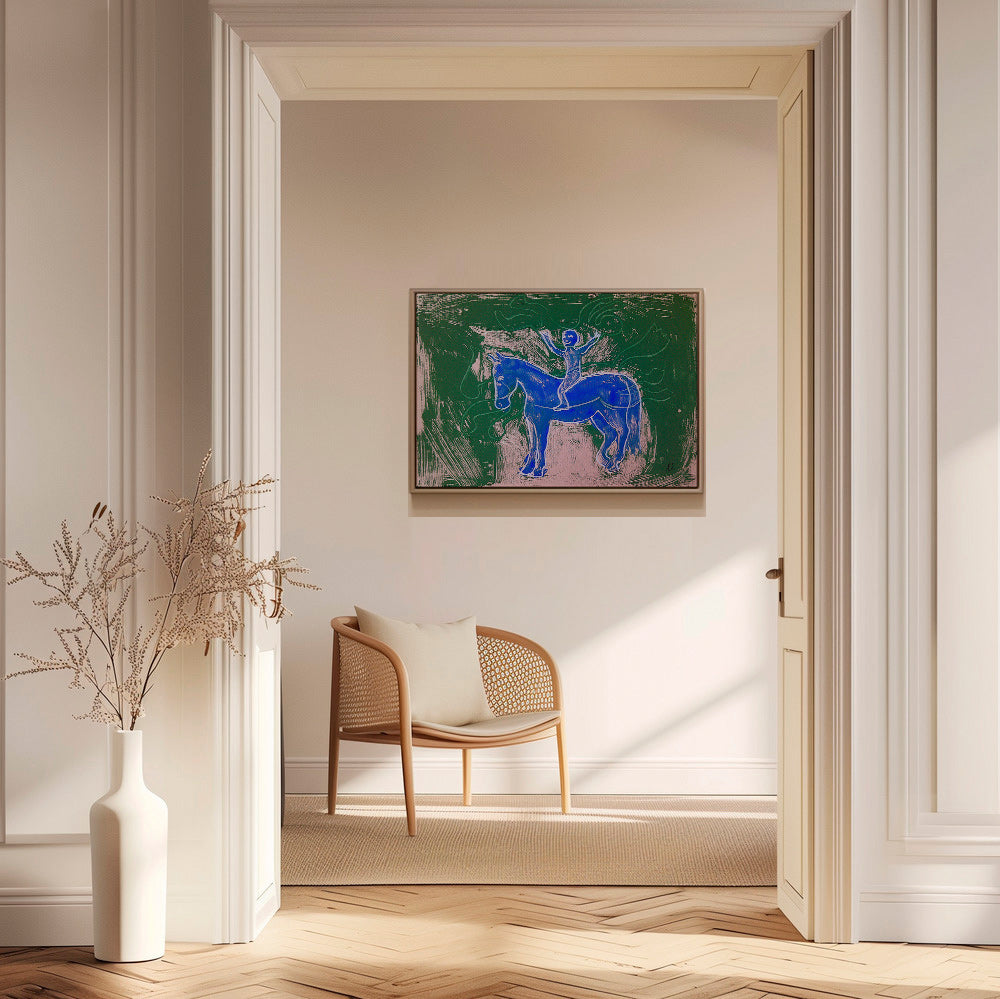 Cuadro caballo azul con jinete en fondo gestual – Canvas2