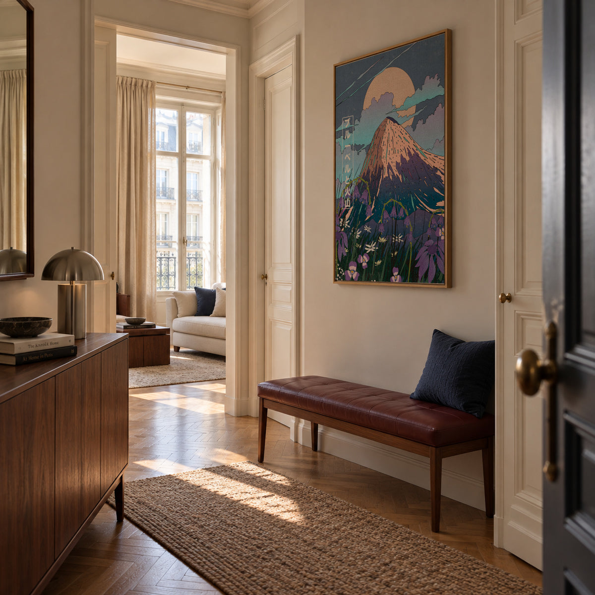 Bluebells and the Volcano - Framed canvas in an interior