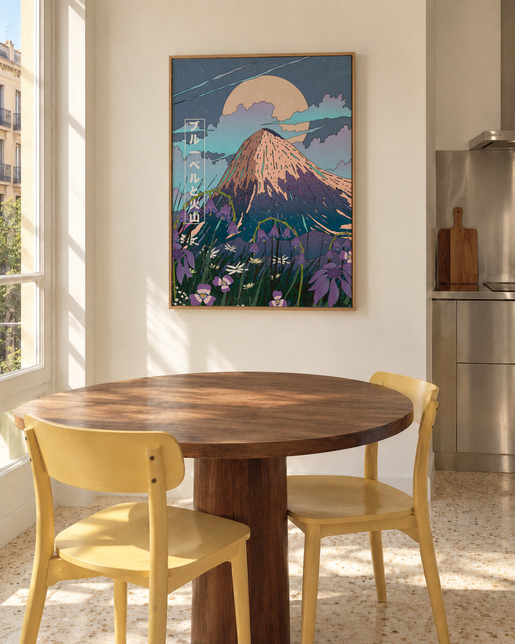 Bluebells and the Volcano - Framed canvas in an interior