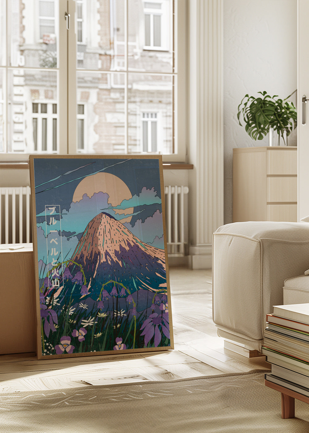 Bluebells and the Volcano - Framed poster in an interior