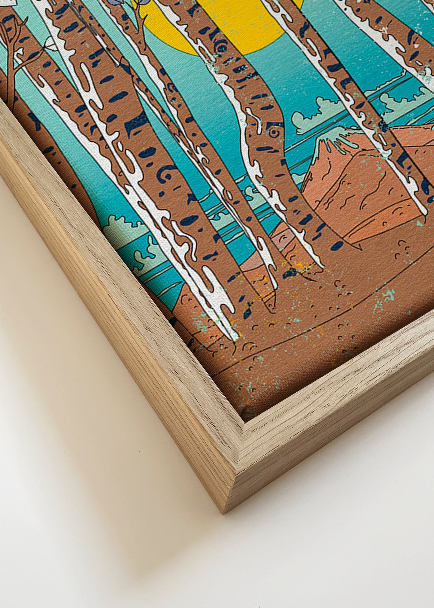 Cuadro de paisaje con abedules japoneses y sol amarillo – Canvas detail