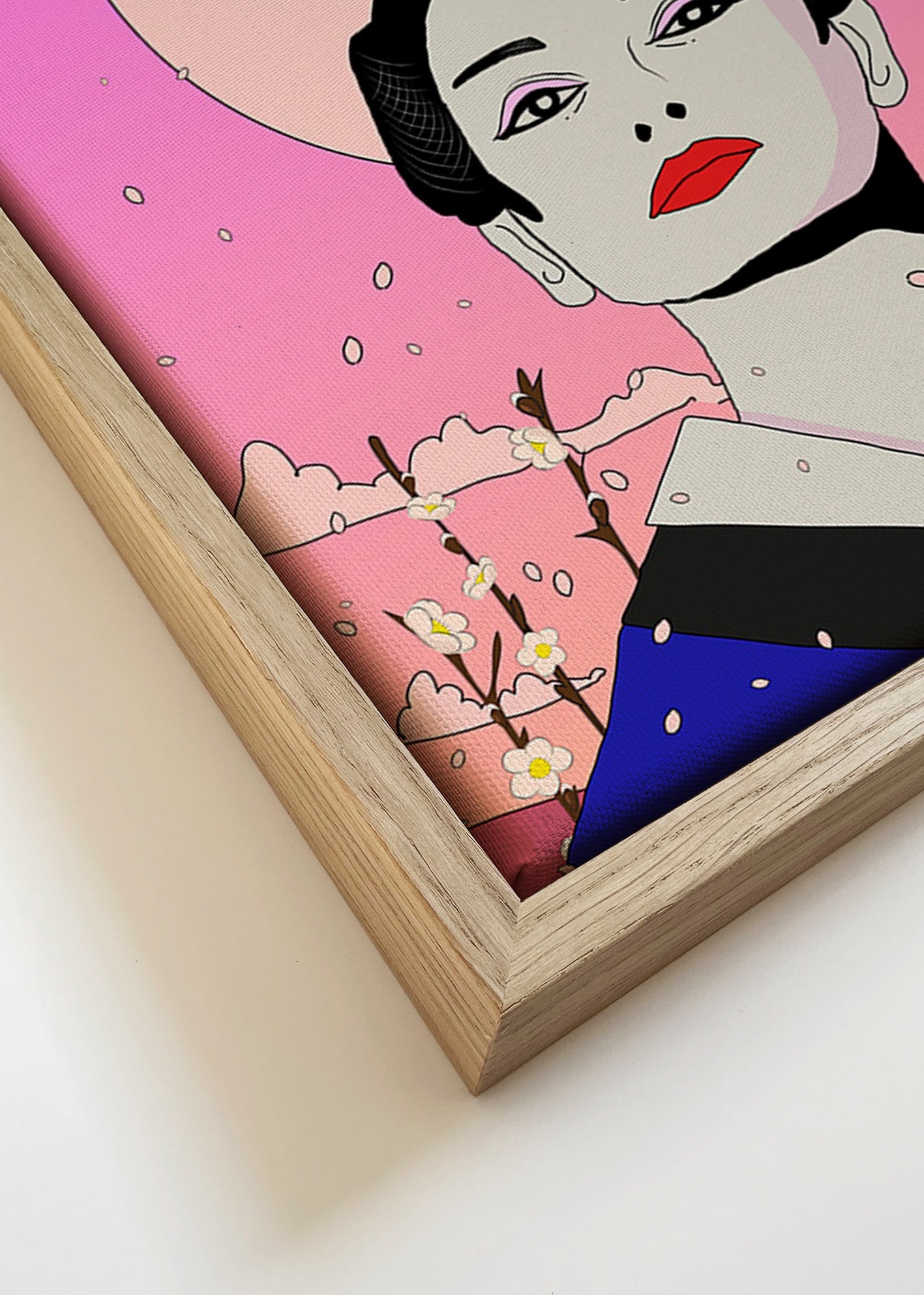 Ilustración de geisha japonesa sobre luna rosa – Canvas detail