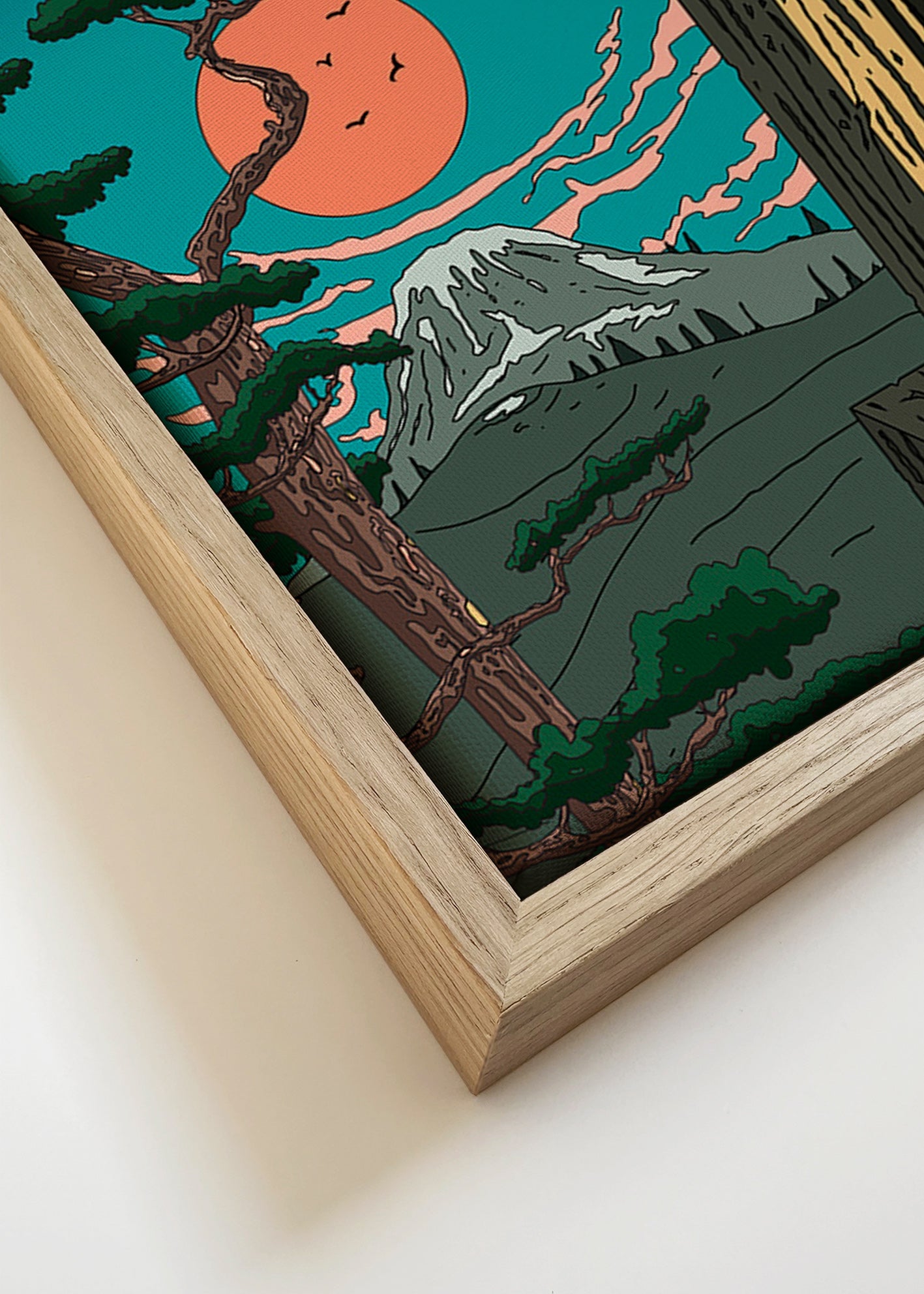 Cuadro de paisaje con pino y monte al atardecer – Canvas detail