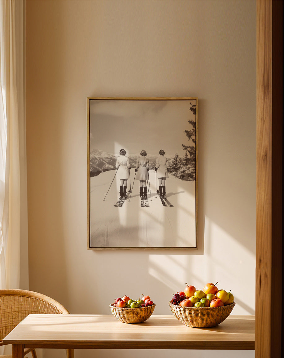 Vintage Glamour Skiers - Framed canvas in an interior