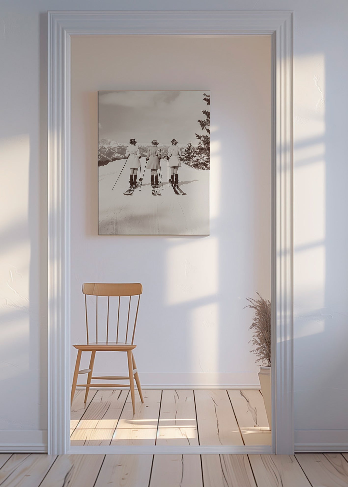 Cuadro vintage: esquiadoras retro en fila – Canvas