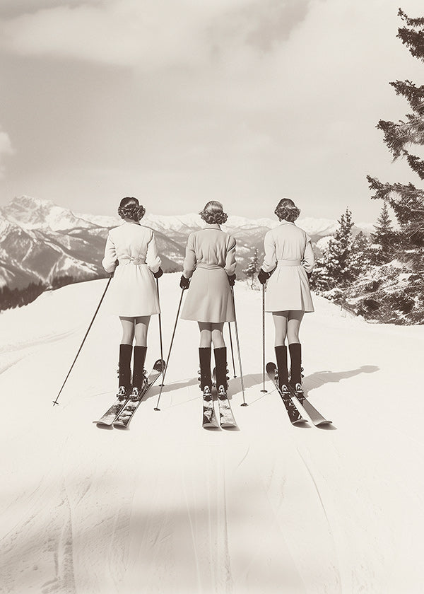 Cuadro vintage: esquiadoras retro en fila