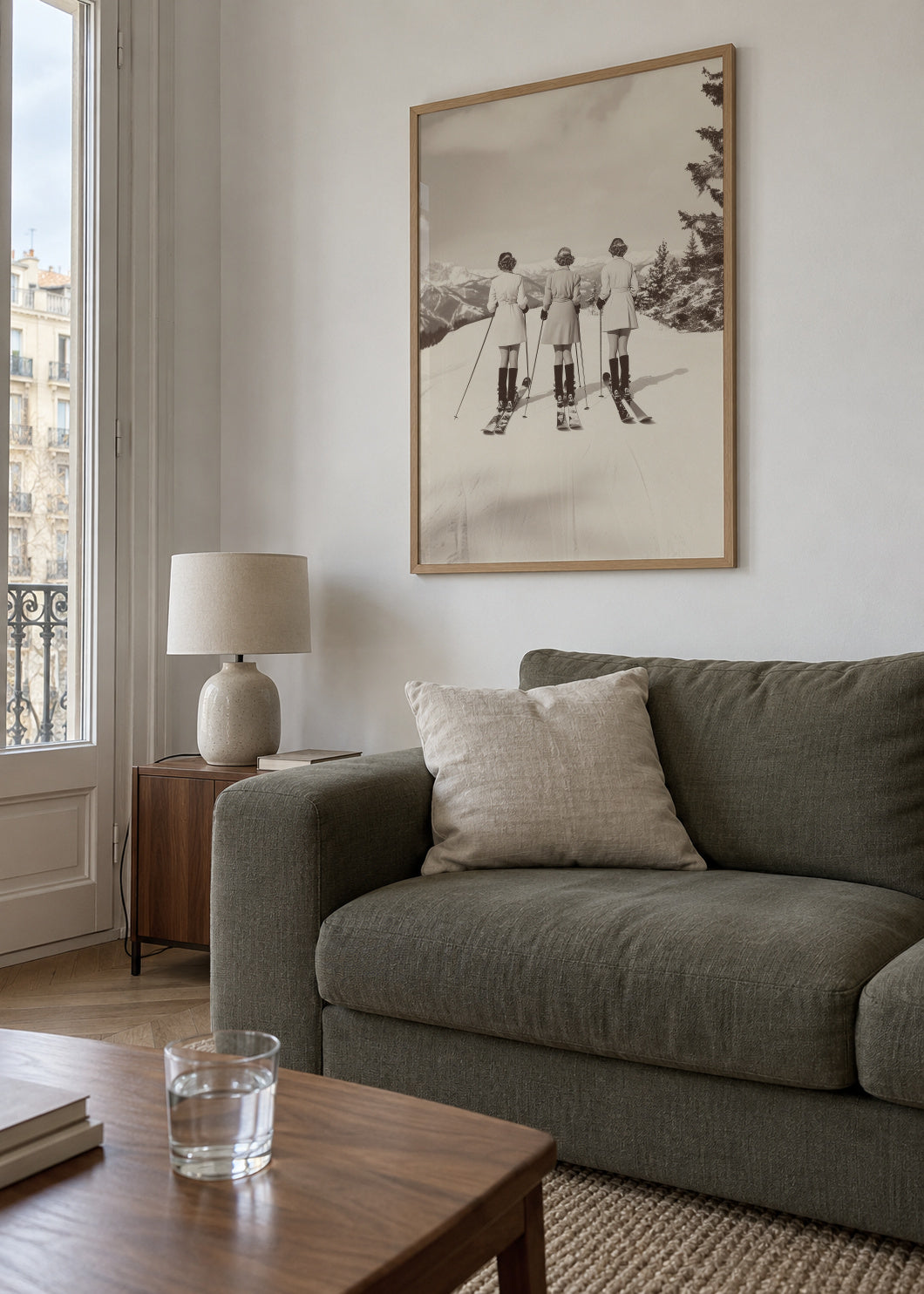Vintage Glamour Skiers - Framed poster in an interior