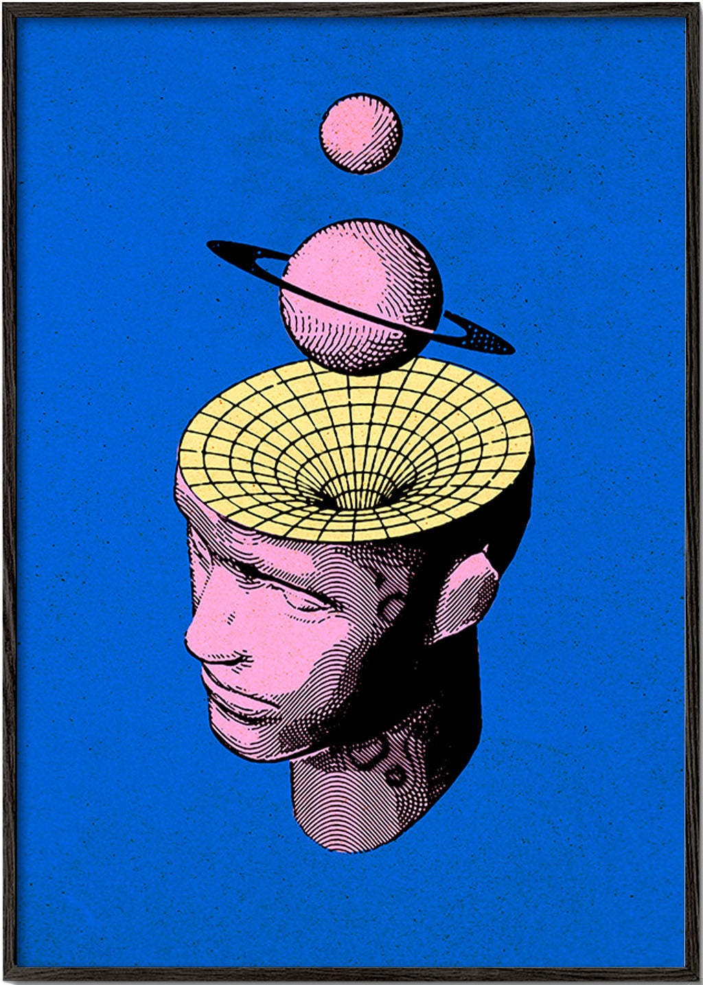 Ilustración surrealista de busto con planetas – Black Frame