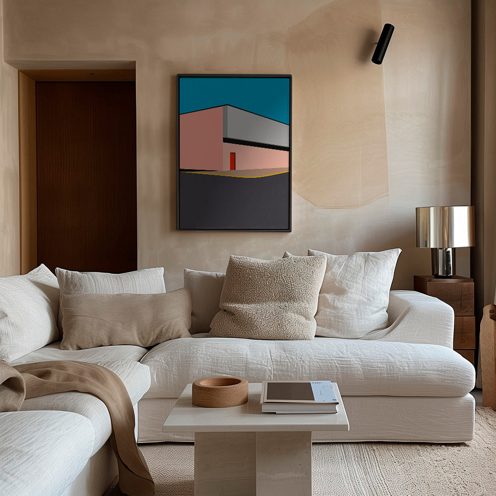 Ilustración minimal de fachada con puerta roja – Canvas2