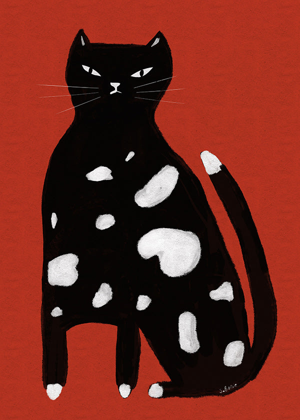 Cuadro gato salpicado sobre fondo rojo