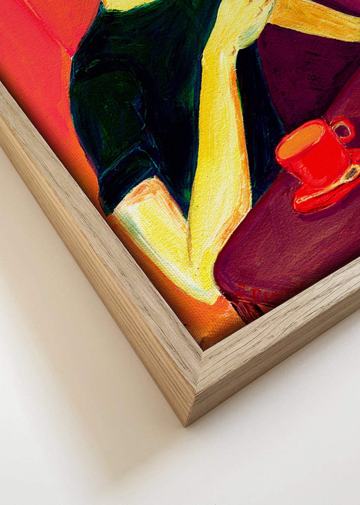 Ilustración de mujer fumando con taza roja – Canvas detail