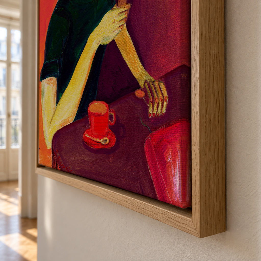 Lady lighting cigarette - Framed canvas detail