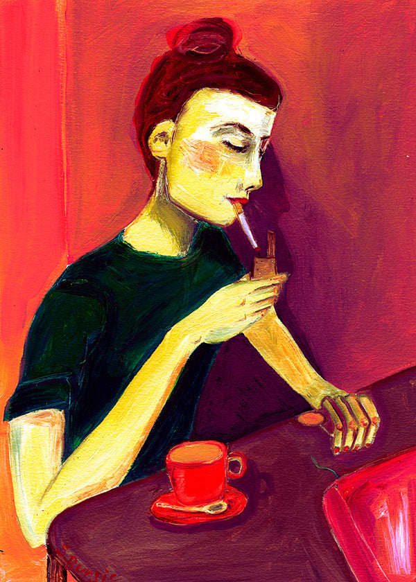 Ilustración de mujer fumando con taza roja