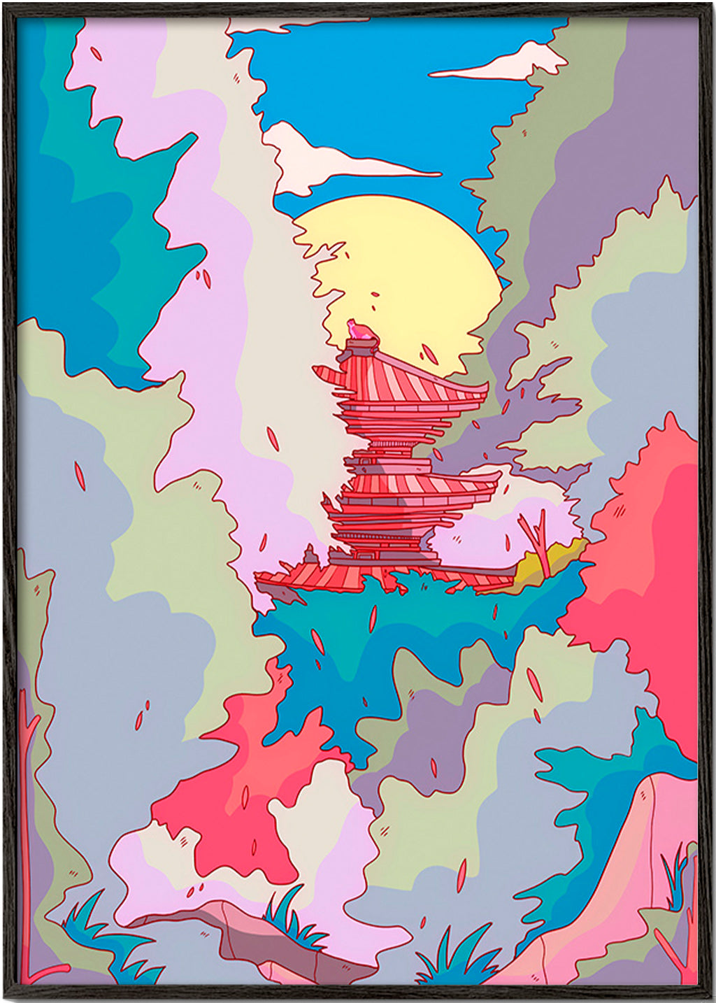 Ilustración de templo japonés en colores vibrantes – Black Frame