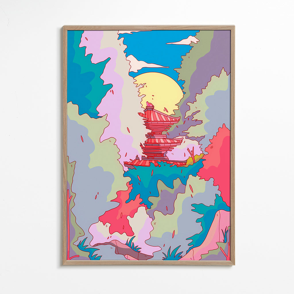 Ilustración de templo japonés en colores vibrantes – Oak Frame