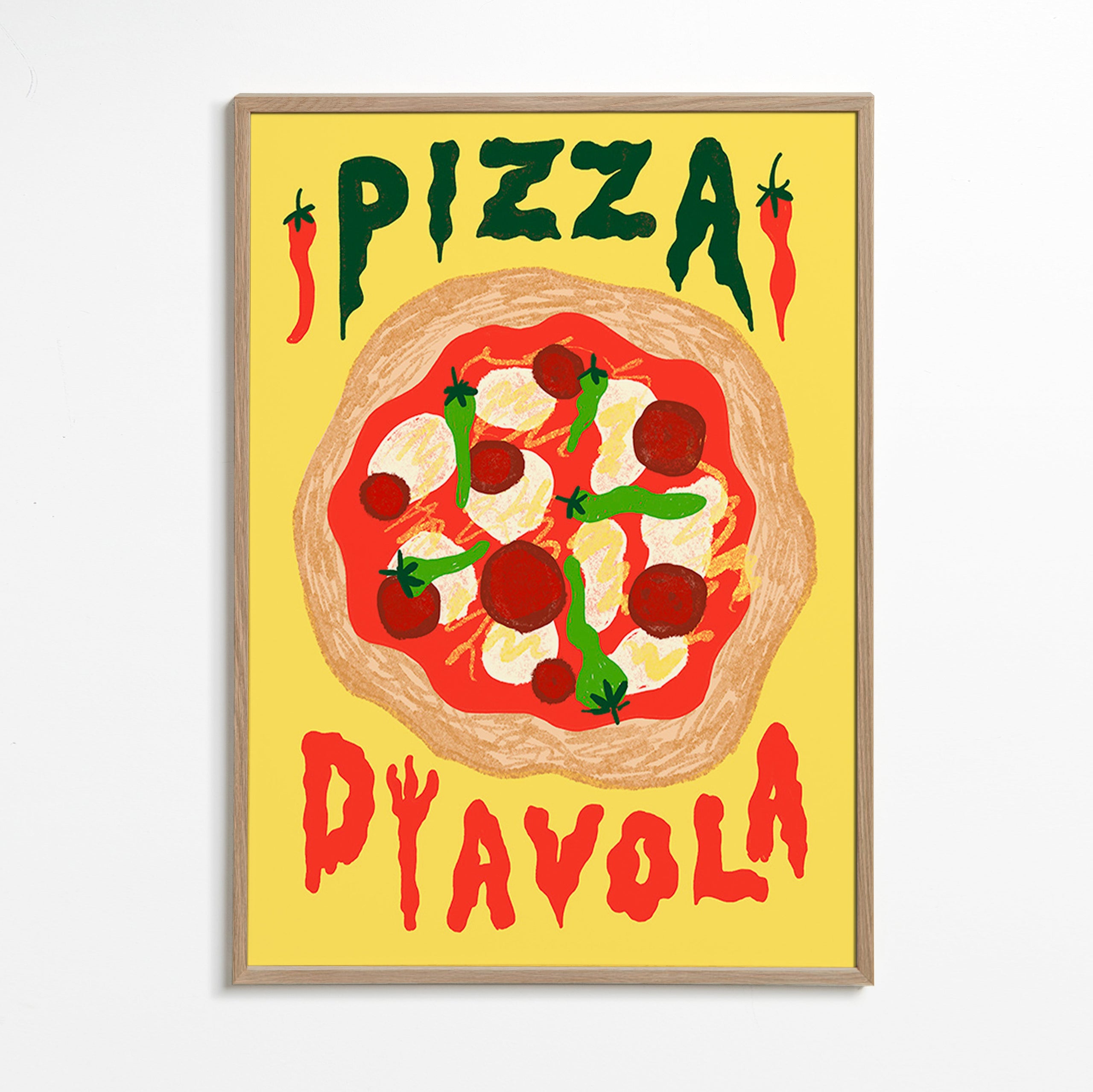 Cuadro de cocina con pizza Diavola ilustrada – Oak Frame