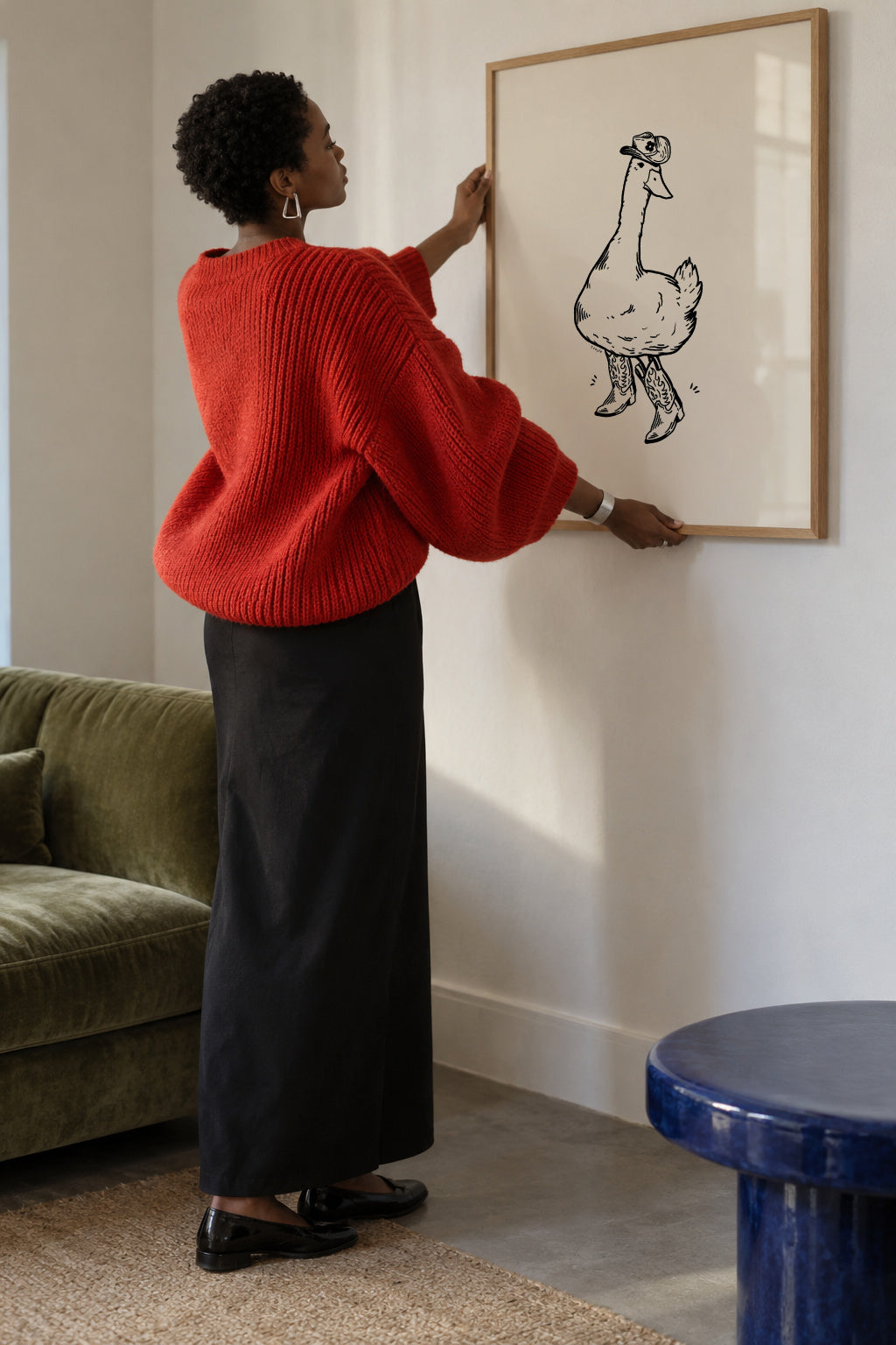 Duck wearing Western Boots - Framed poster in an interior