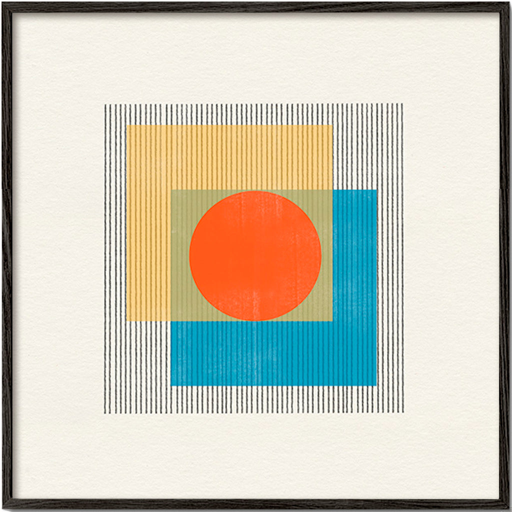 Cuadro geométrico con círculo central y cuadrados superpuestos – Black Frame