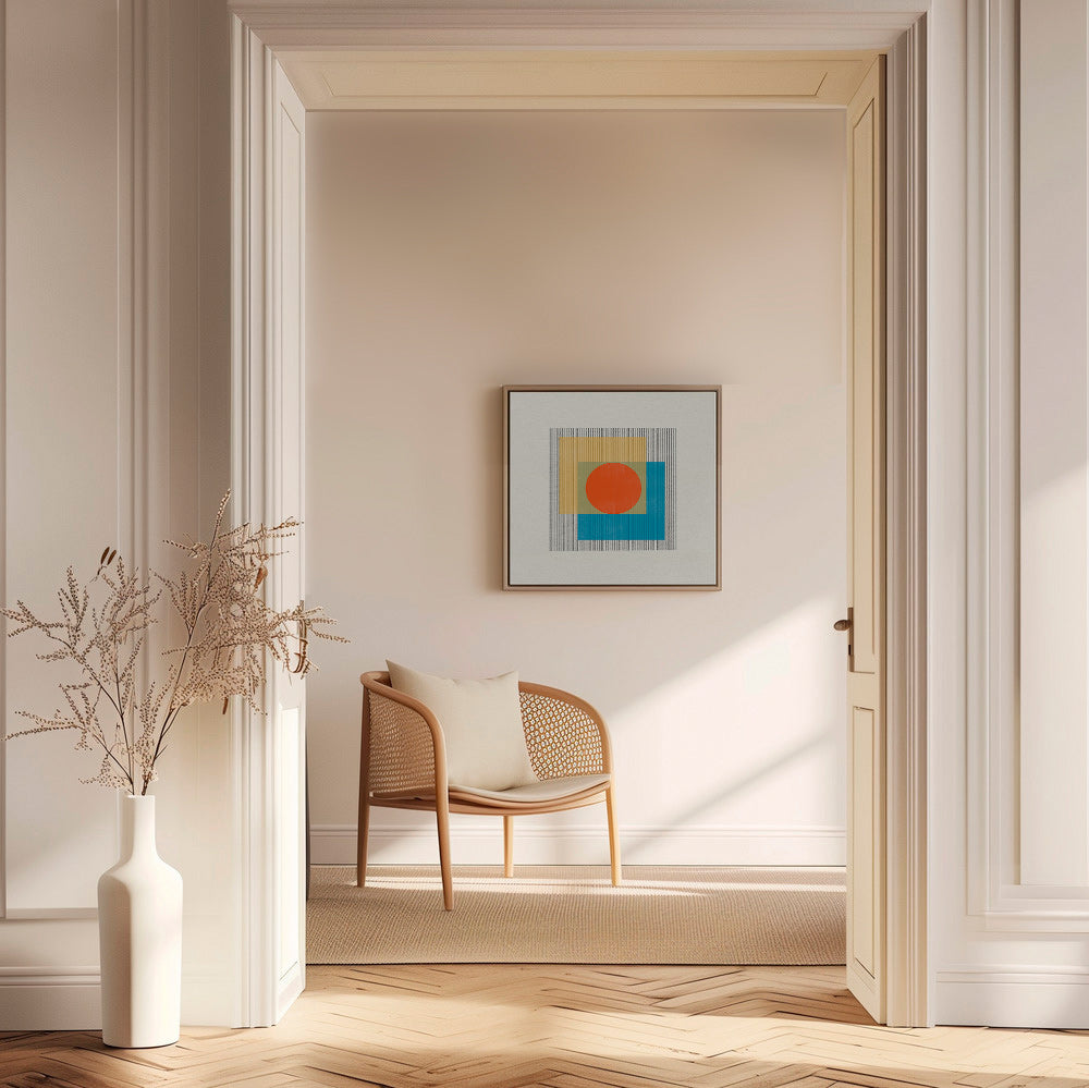 Cuadro geométrico con círculo central y cuadrados superpuestos – Canvas2