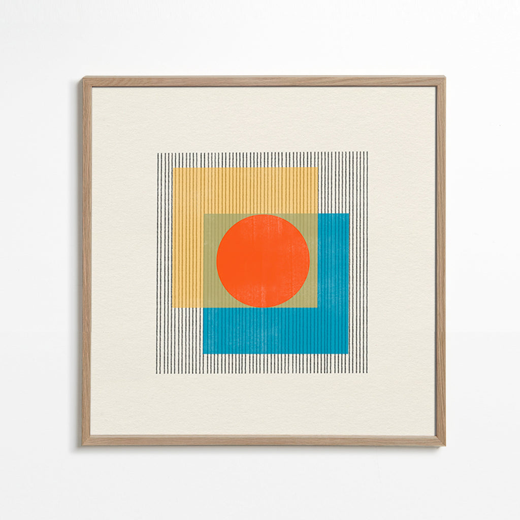Cuadro geométrico con círculo central y cuadrados superpuestos – Oak Frame