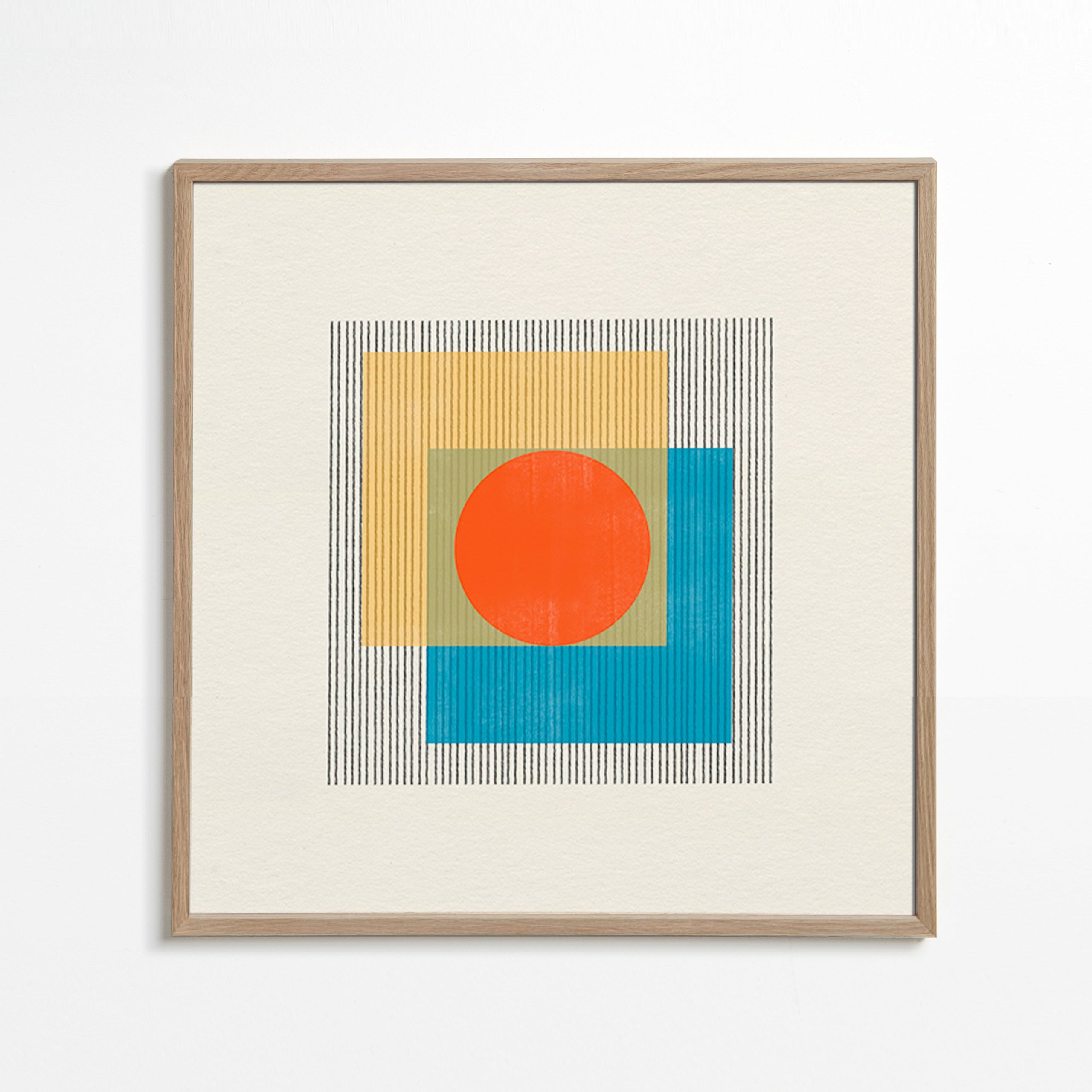 Cuadro geométrico con círculo central y cuadrados superpuestos – Oak Frame