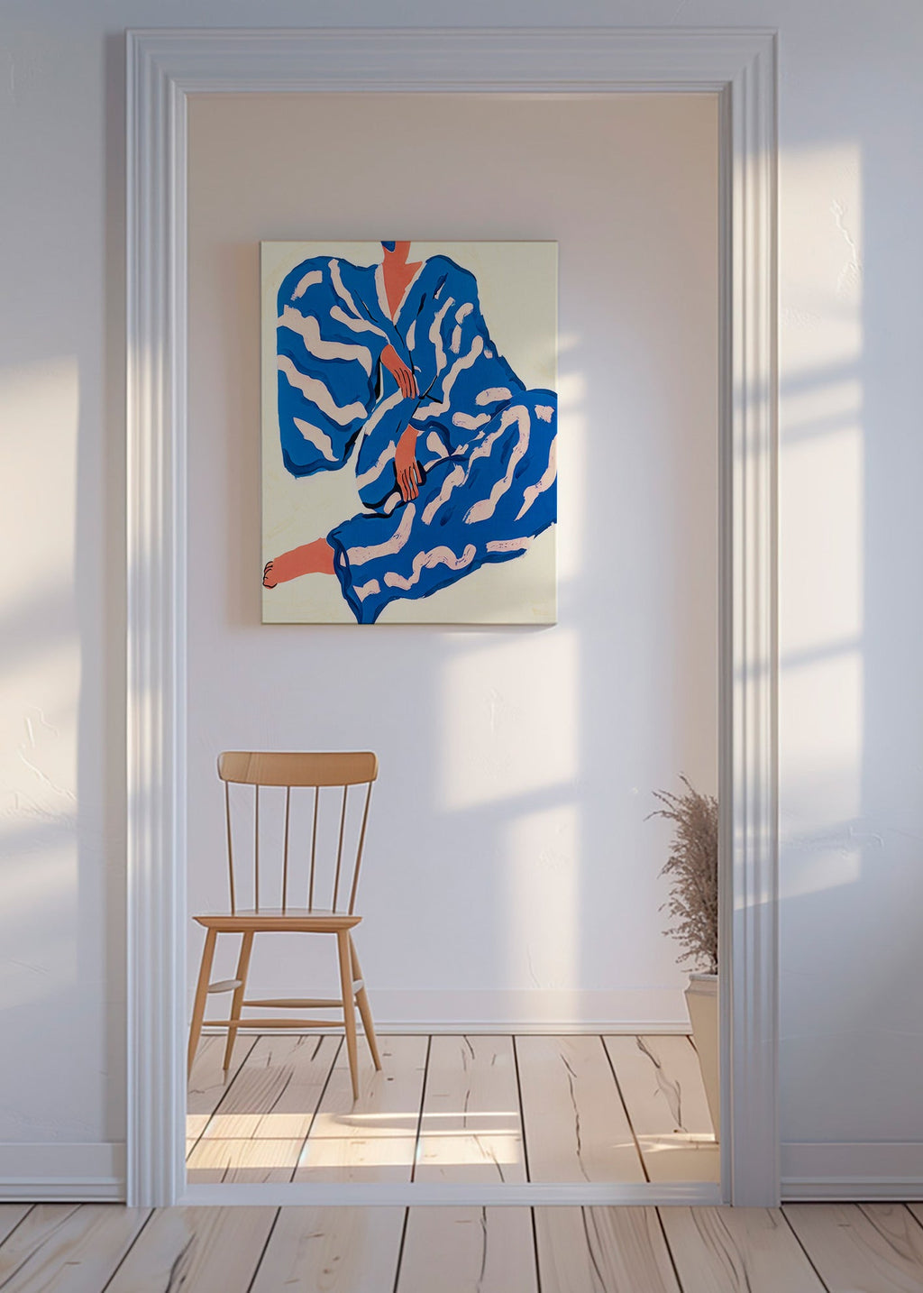 Ilustración de figura con bata azul y motivos orgánicos – Canvas