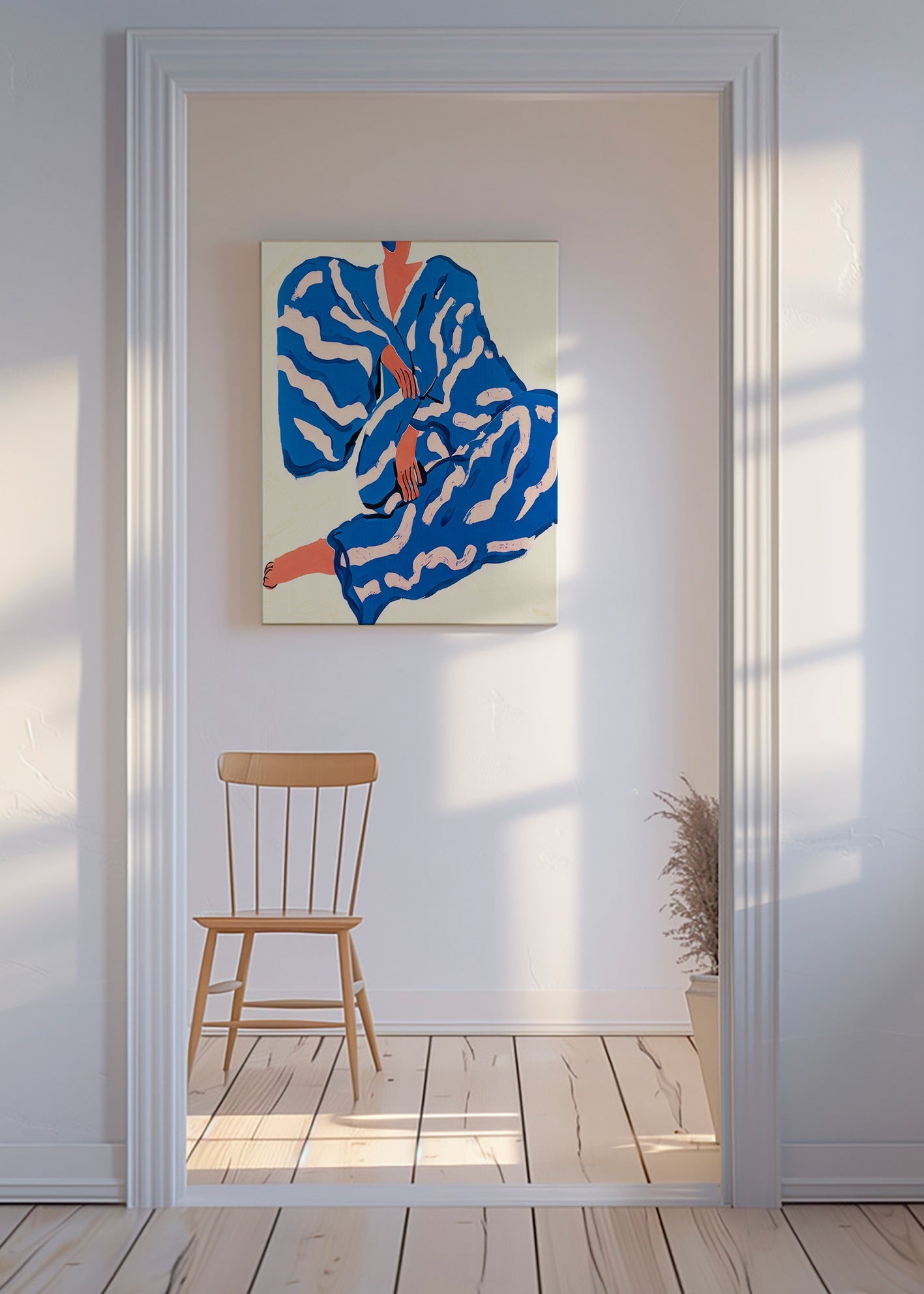 Ilustración de figura con bata azul y motivos orgánicos – Canvas