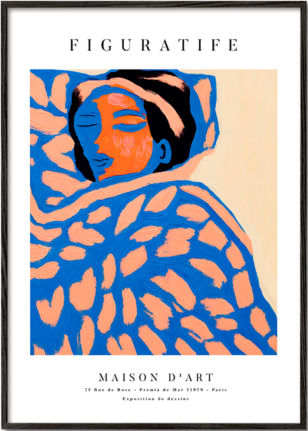 Ilustración figurativa en tonos coral y azul – Black Frame