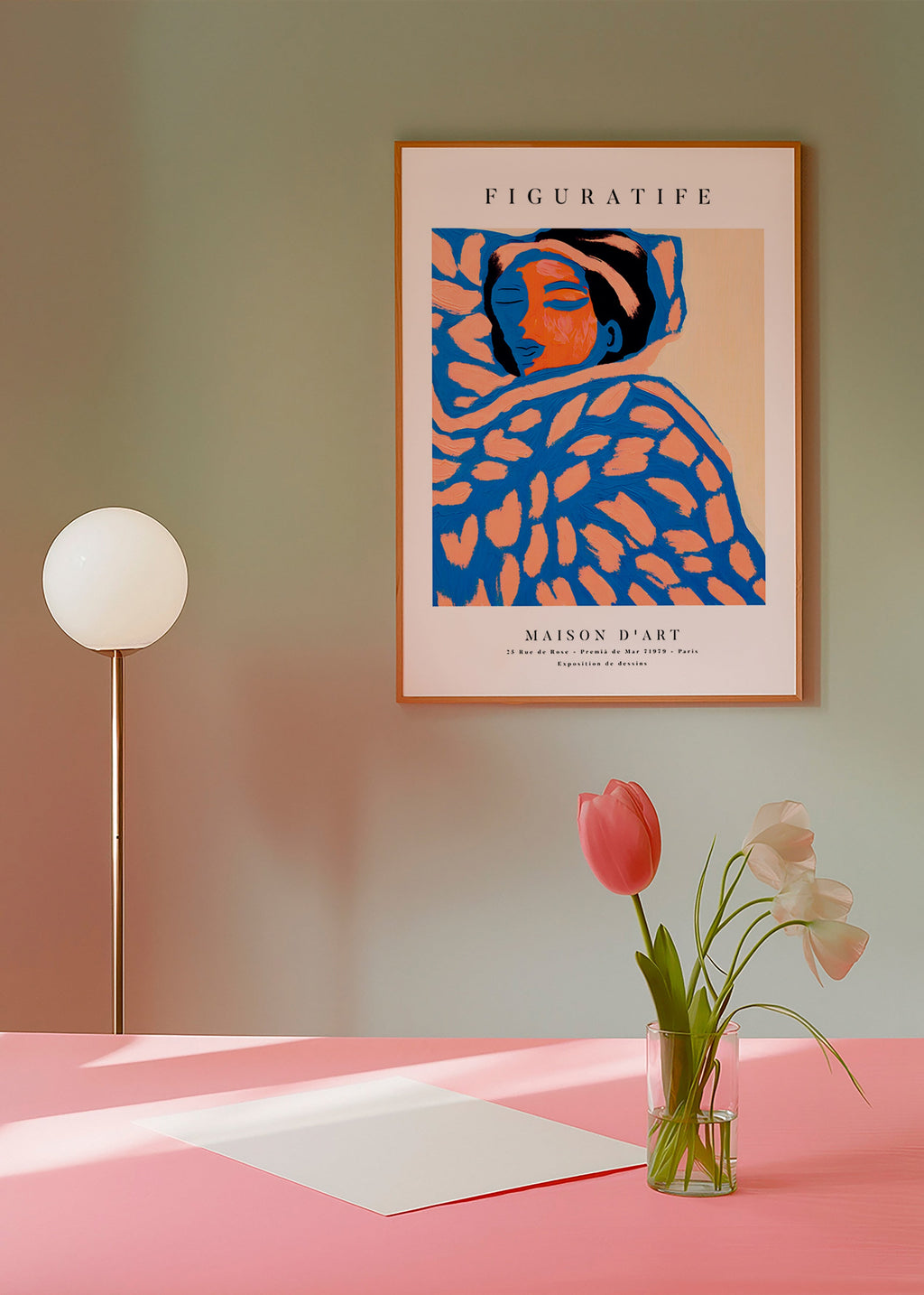 Ilustración figurativa en tonos coral y azul – Product1