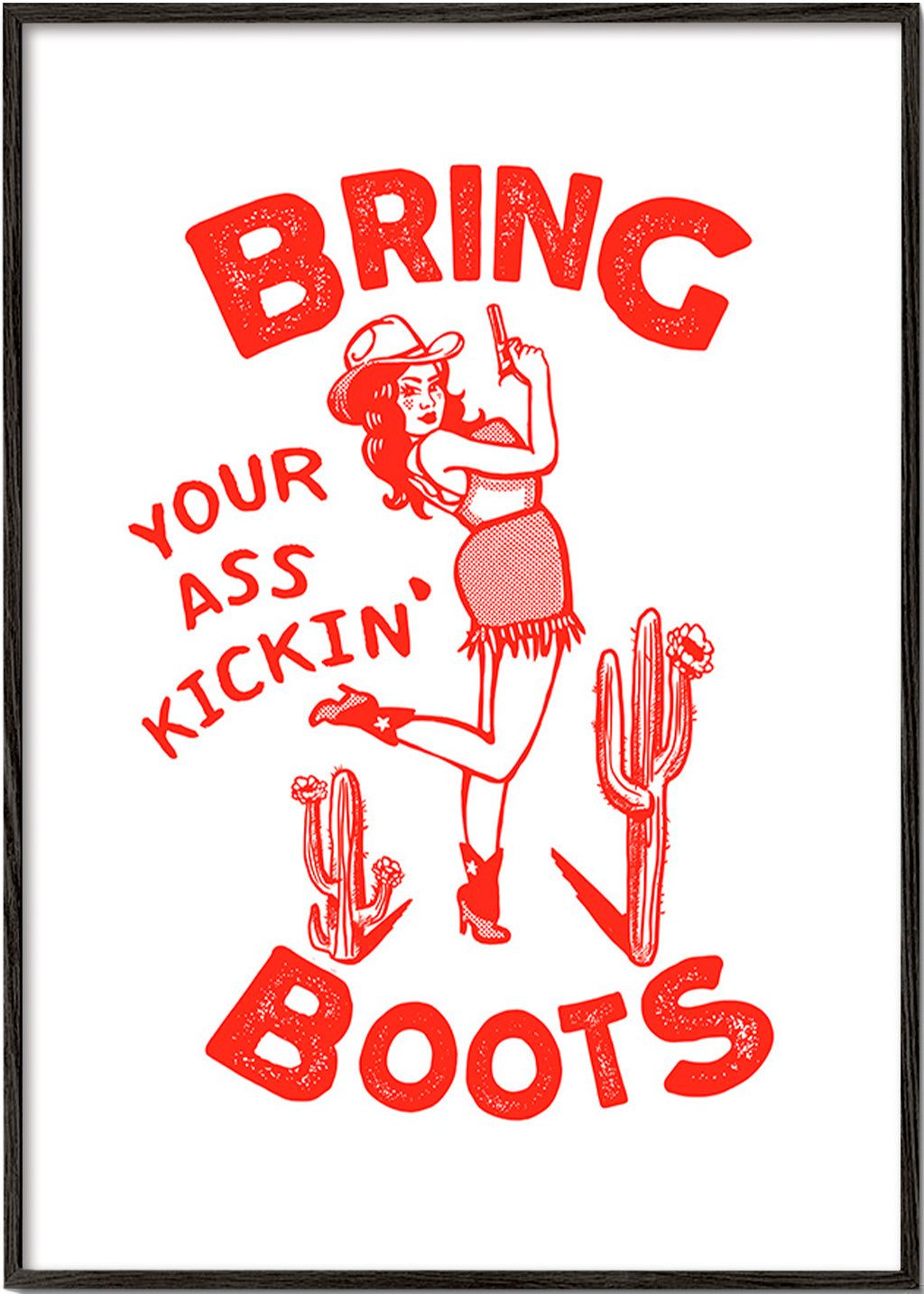 Ilustración con cowgirl divertida y texto tipográfico – Black Frame