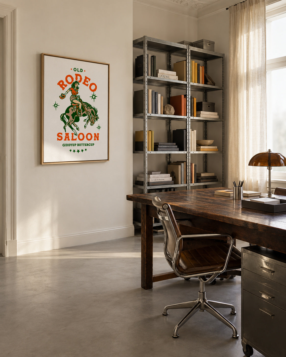 Old Rodeo Saloon Cowgirl: Giddyup Buttercup - Framed canvas in an interior
