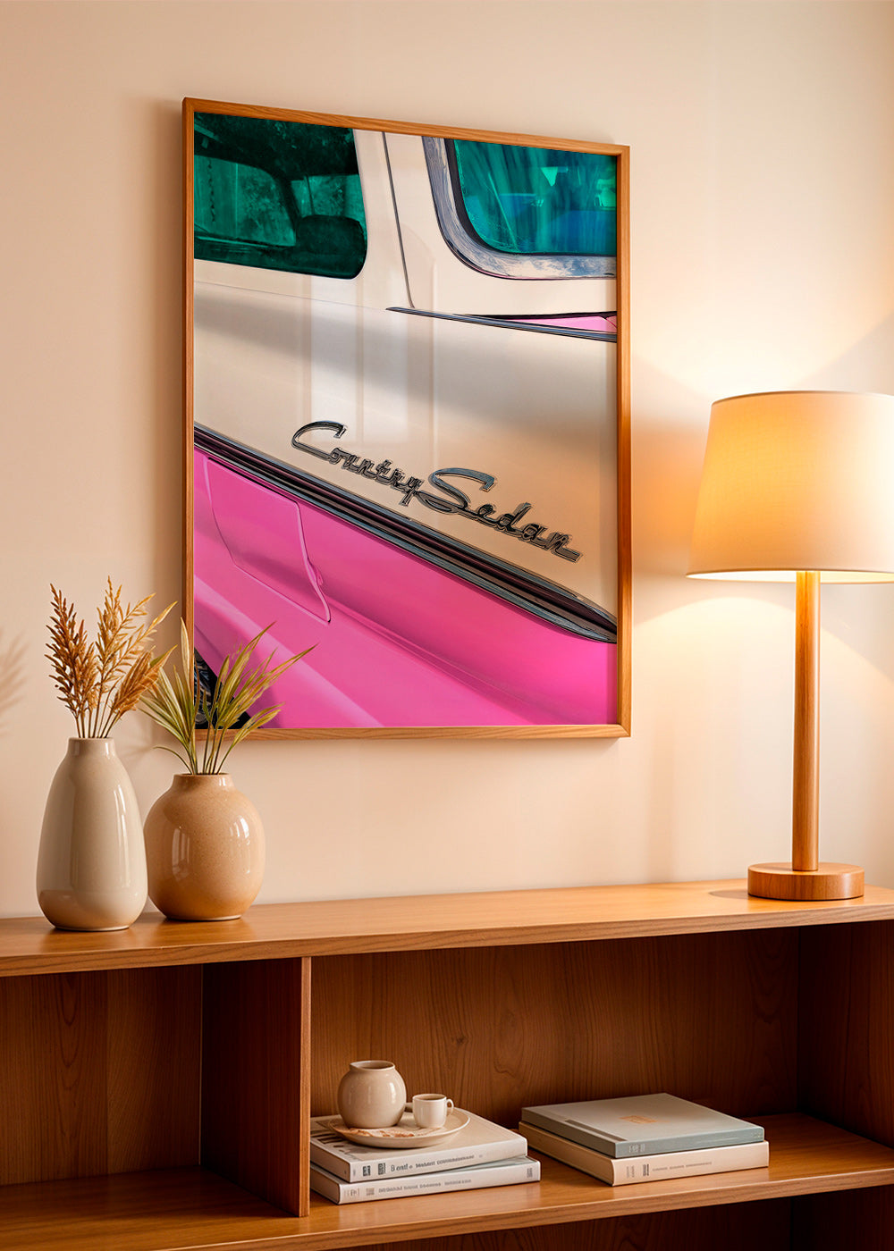 Cuadro vintage Country Sedan, detalle cromado y carrocería pastel – Product1