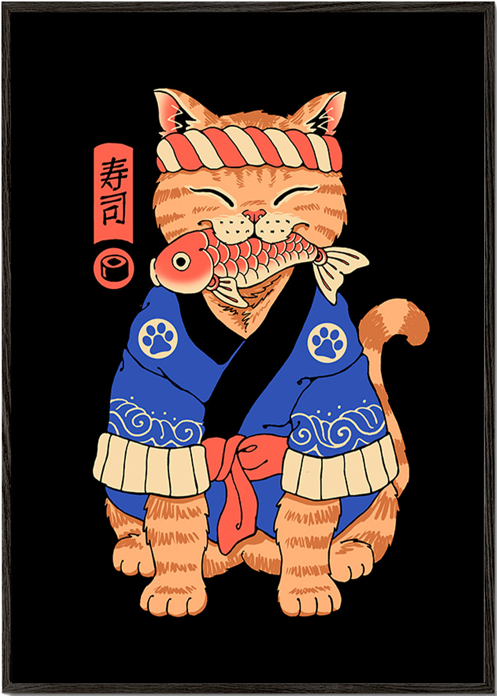 Cuadro gato ilustrado japonés con pez – Black Frame