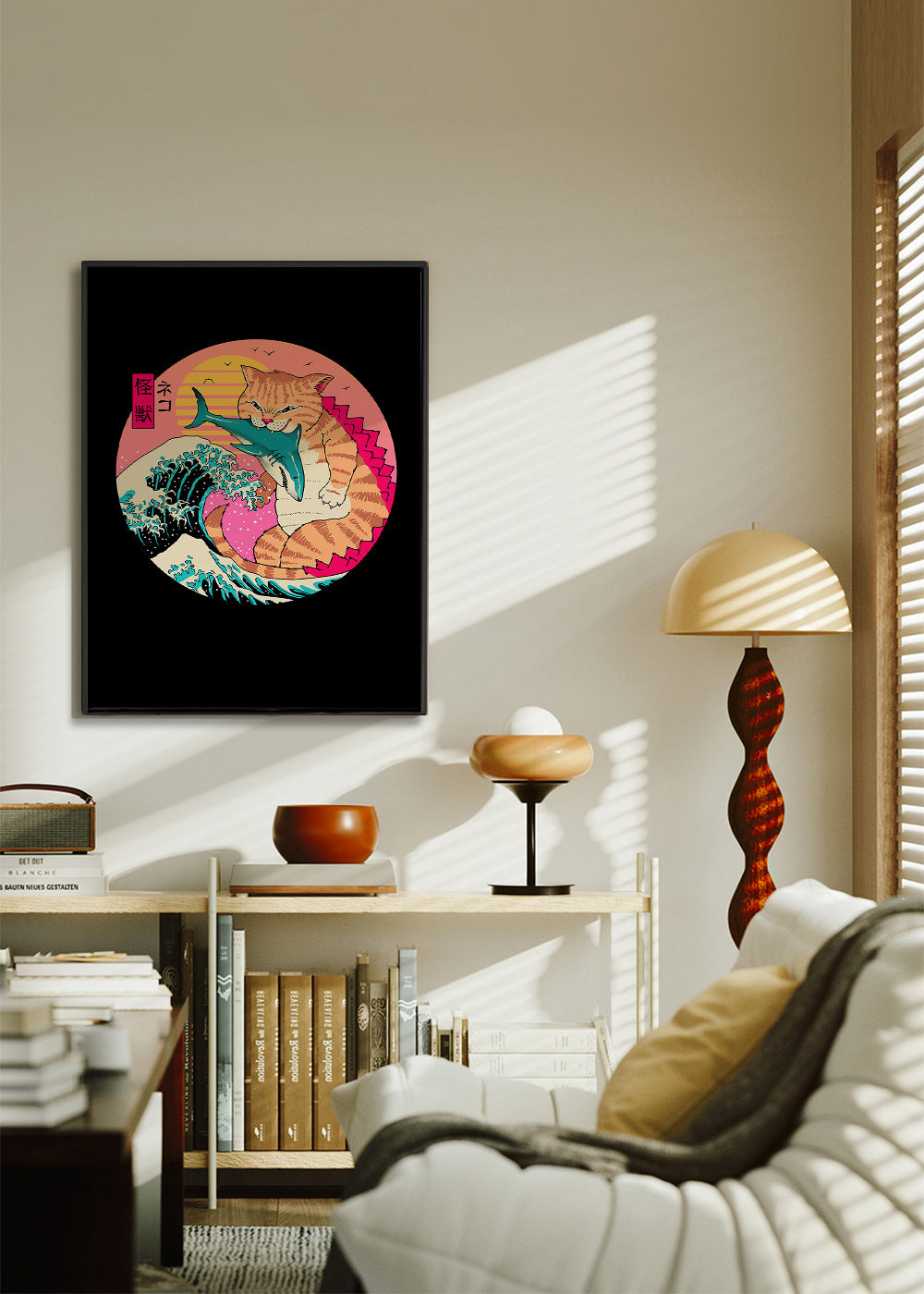 Ilustración de gato kaiju con ola – Canvas1