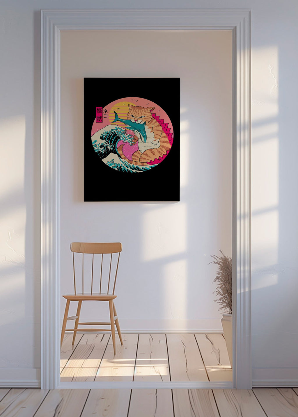 Ilustración de gato kaiju con ola – Canvas