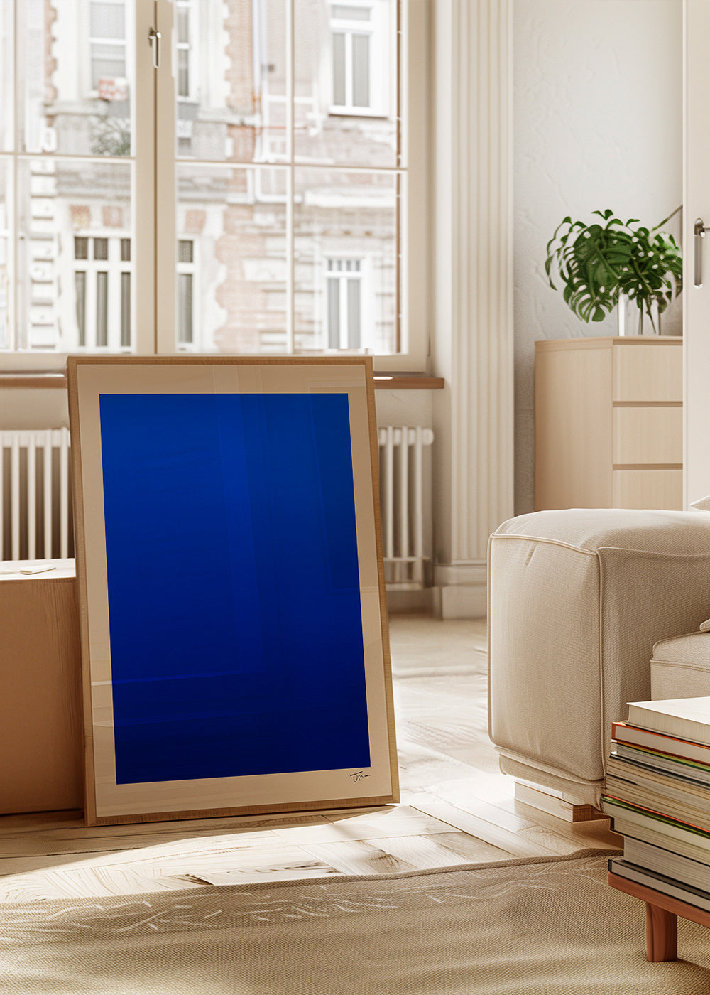 Cuadro abstracto con campo azul y borde beige – Product1