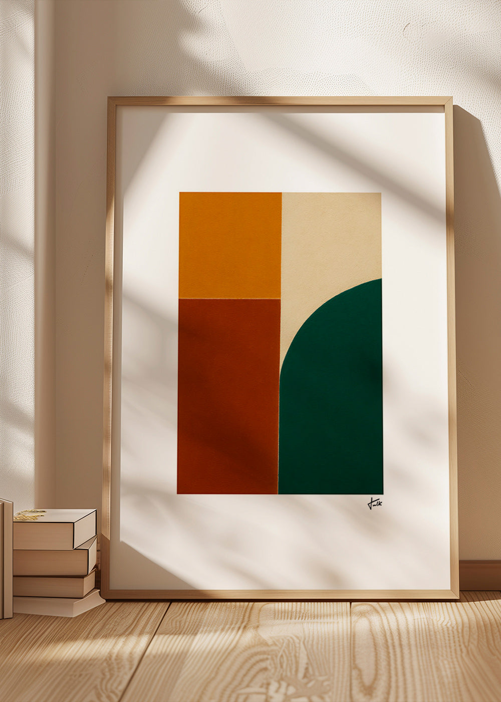 Cuadro geométrico con curva verde y bloques ocres – Product2