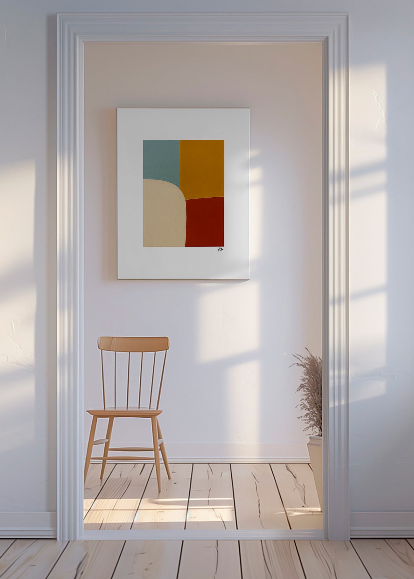 Cuadro geométrico con curva y bloques ocres – Canvas