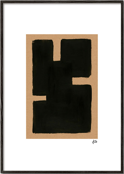 Cuadro abstracto con formas negras sobre papel kraft – Black Frame