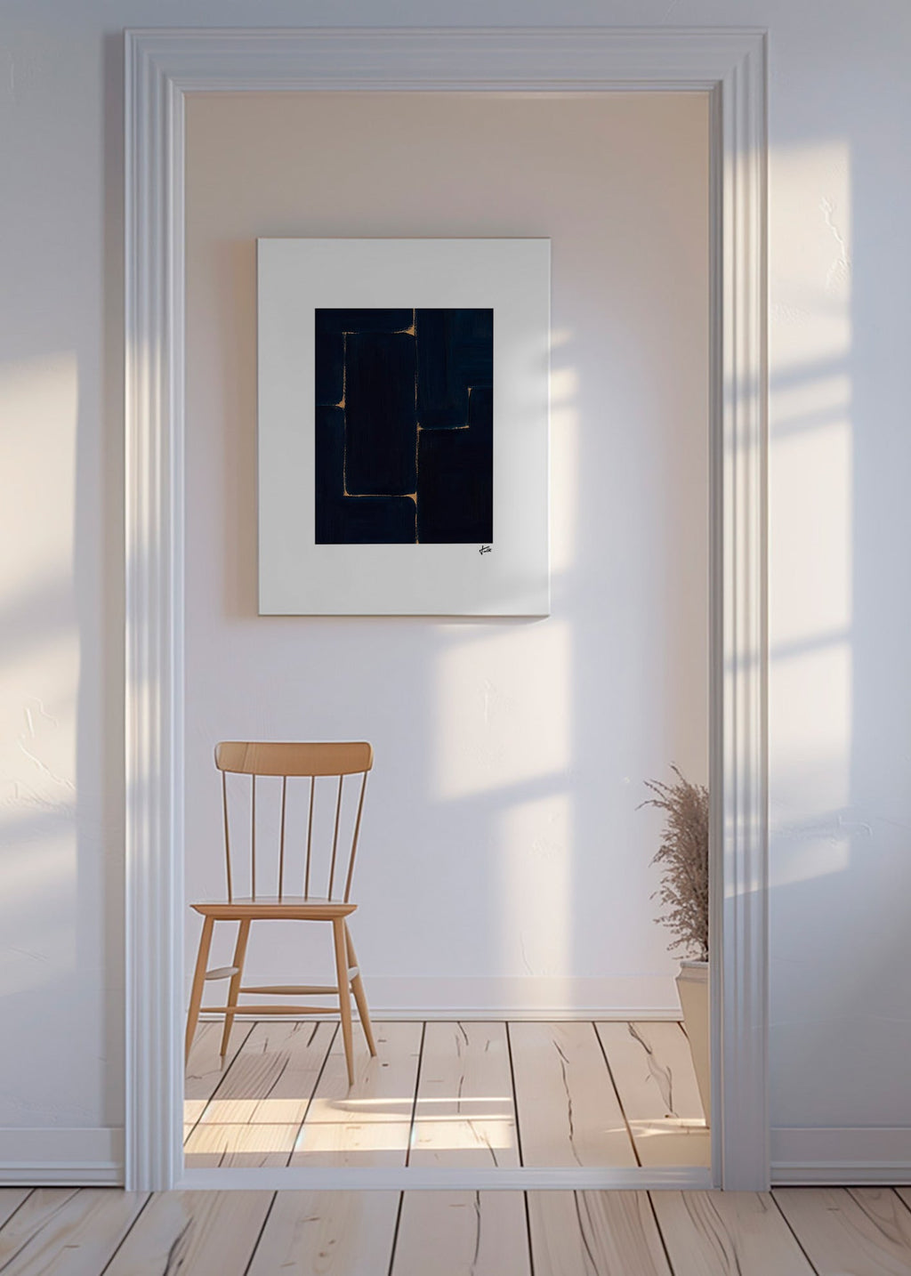 Cuadro abstracto azul profundo con vetas doradas – Canvas