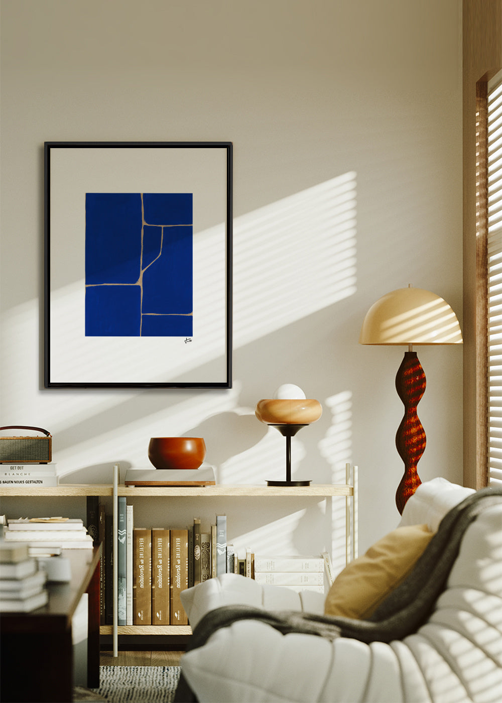 Blue Grid - Framed canvas in an interior