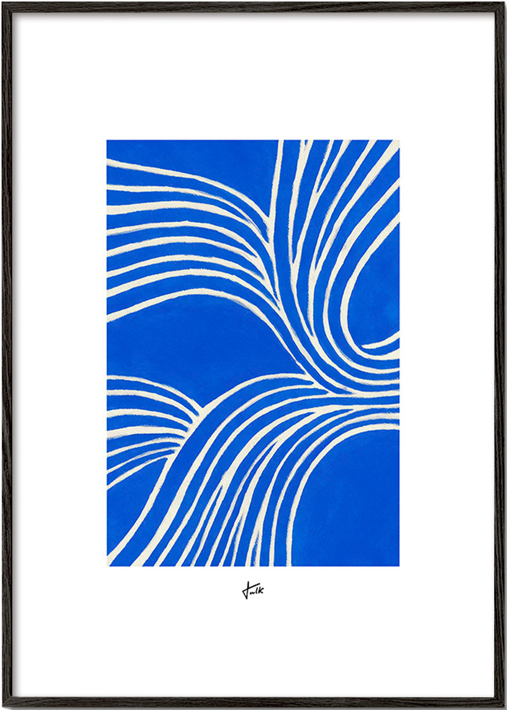 Cuadro abstracto azul con líneas ondulantes – Black Frame