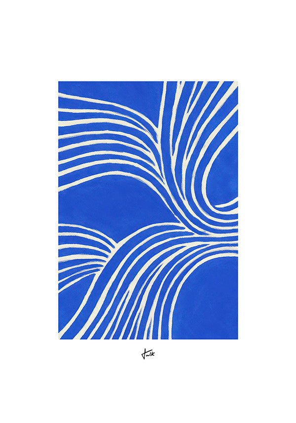 Cuadro abstracto azul con líneas ondulantes