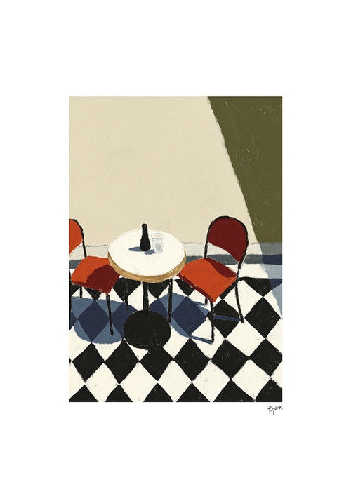 Cuadro de cocina: mesa de café sobre suelos ajedrezados