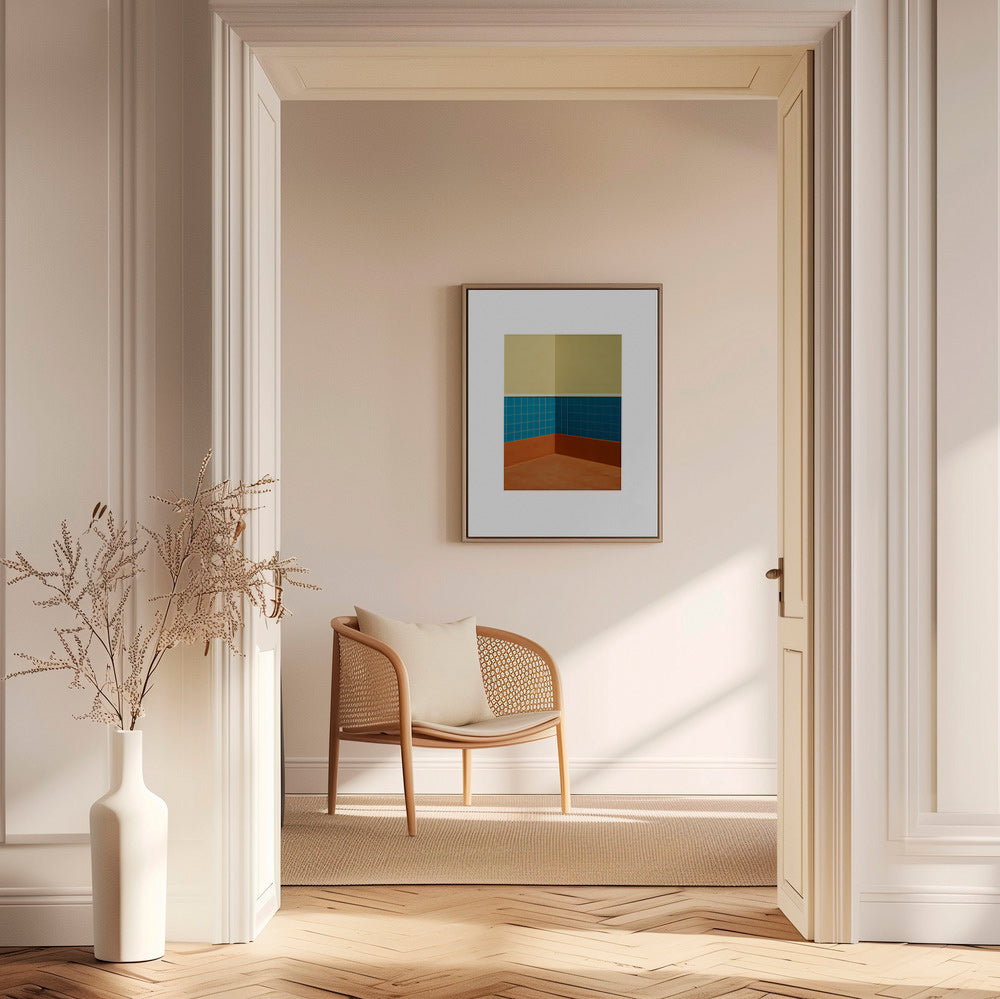 Cuadro minimalista: esquina de azulejos azules y suelo terracota – Canvas2