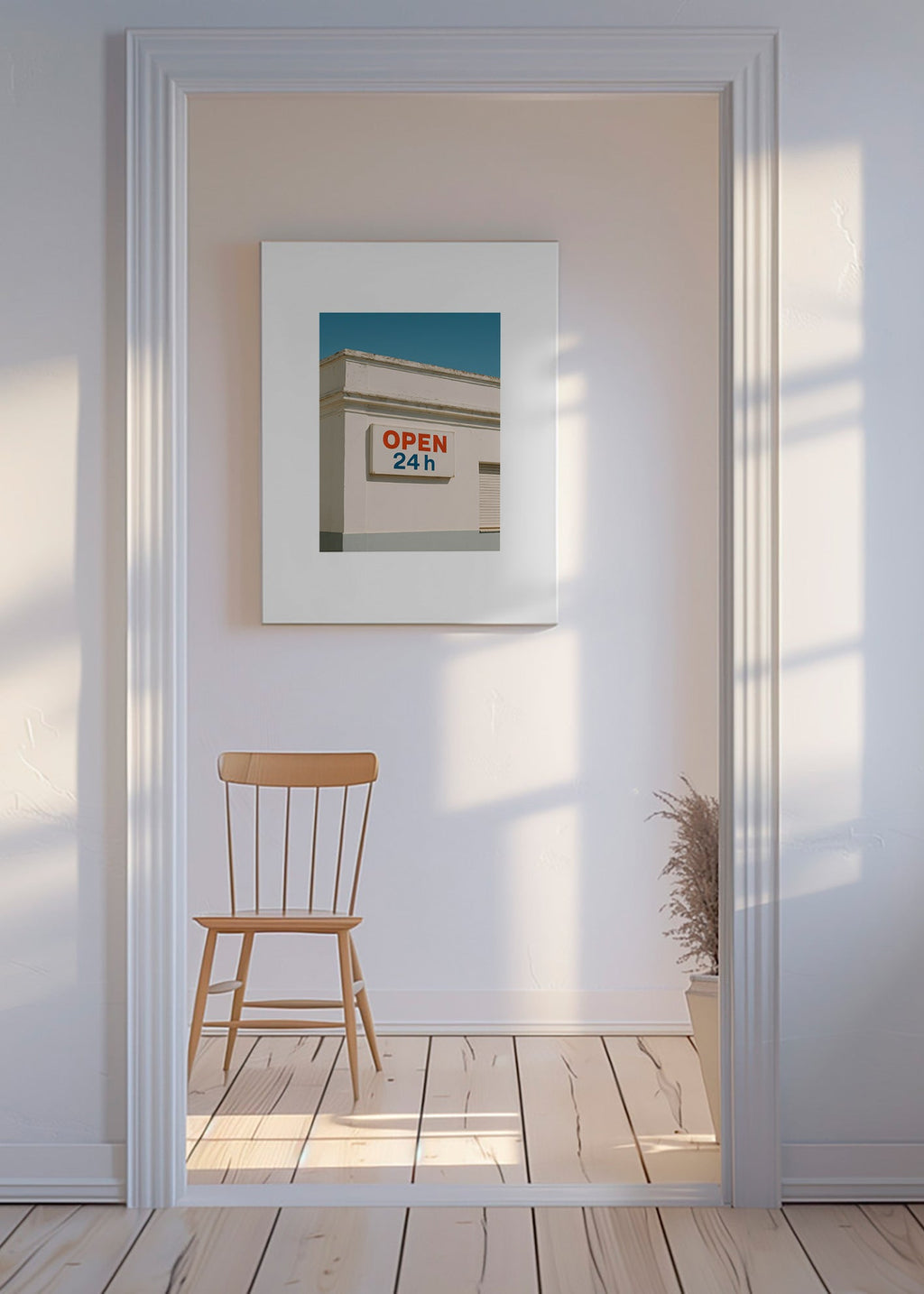 Cuadro minimalista fachada con rótulo OPEN 24h – Canvas