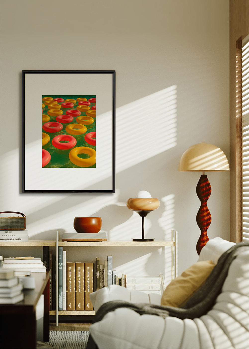 Cuadro geométrico con anillos flotantes rojos y amarillos – Canvas2