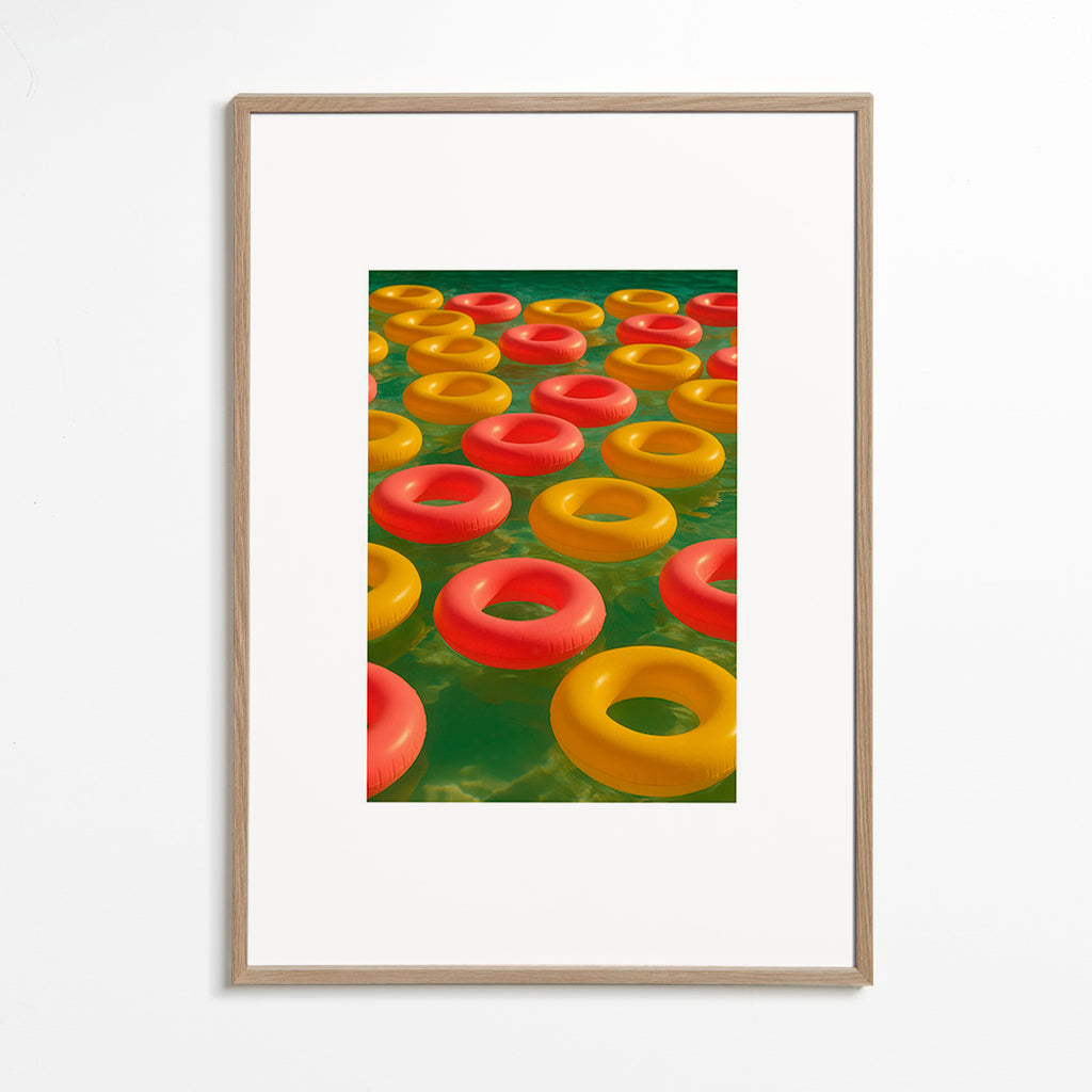 Cuadro geométrico con anillos flotantes rojos y amarillos – Oak Frame